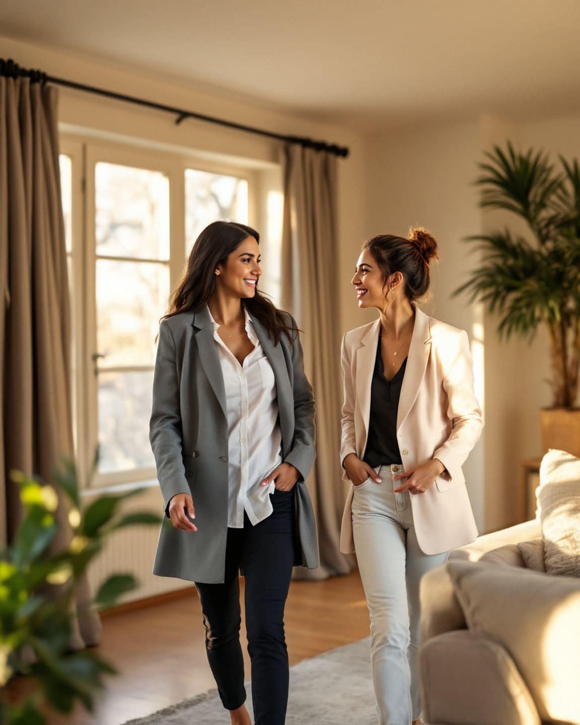 A homeowner and an agent walk through an empty, bright living room.