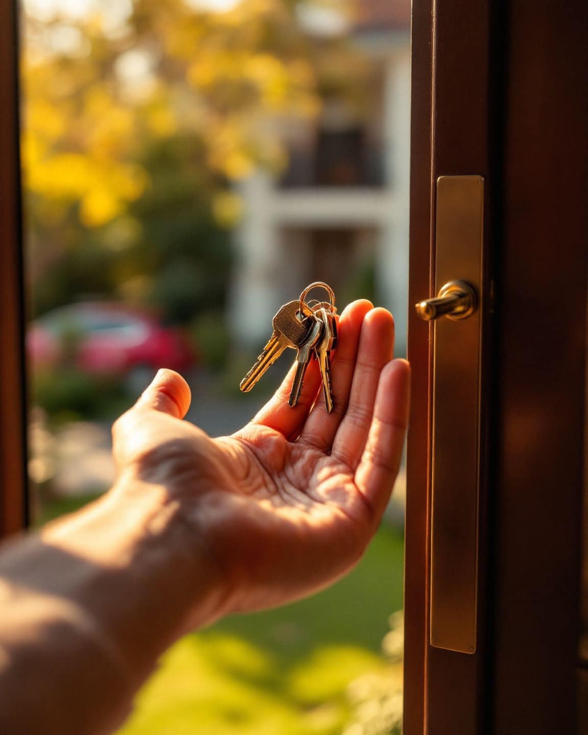 House keys handed from one person to another at a front door.
