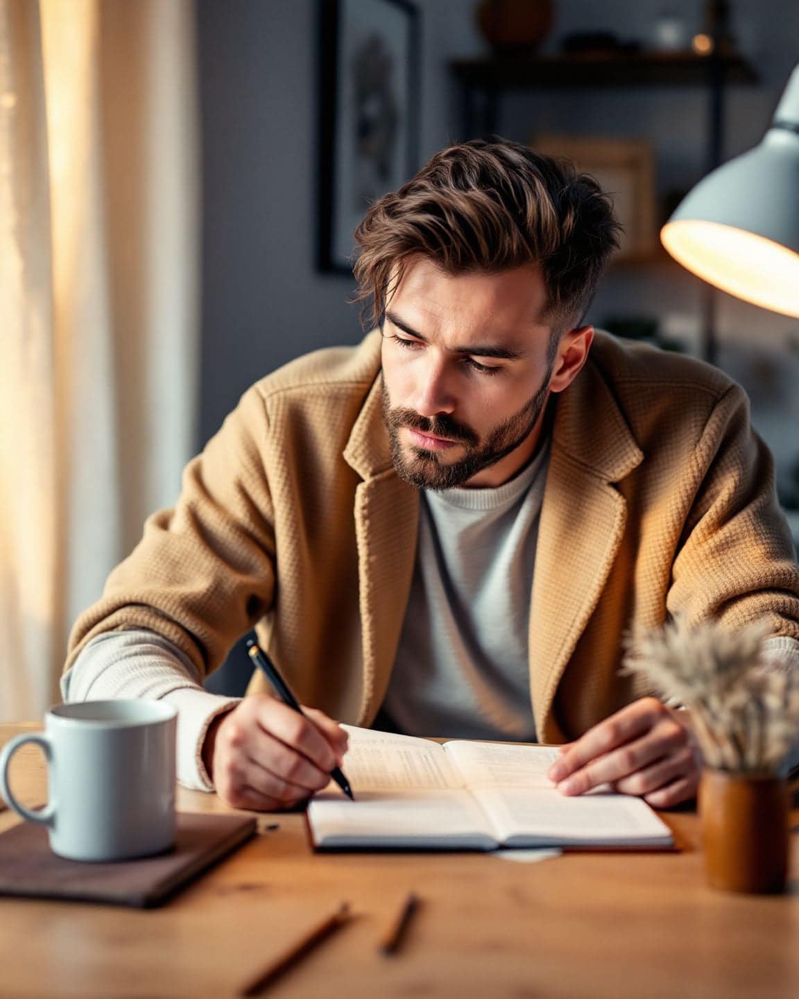 A man studies with a laptop and textbook at his desk in the evening.