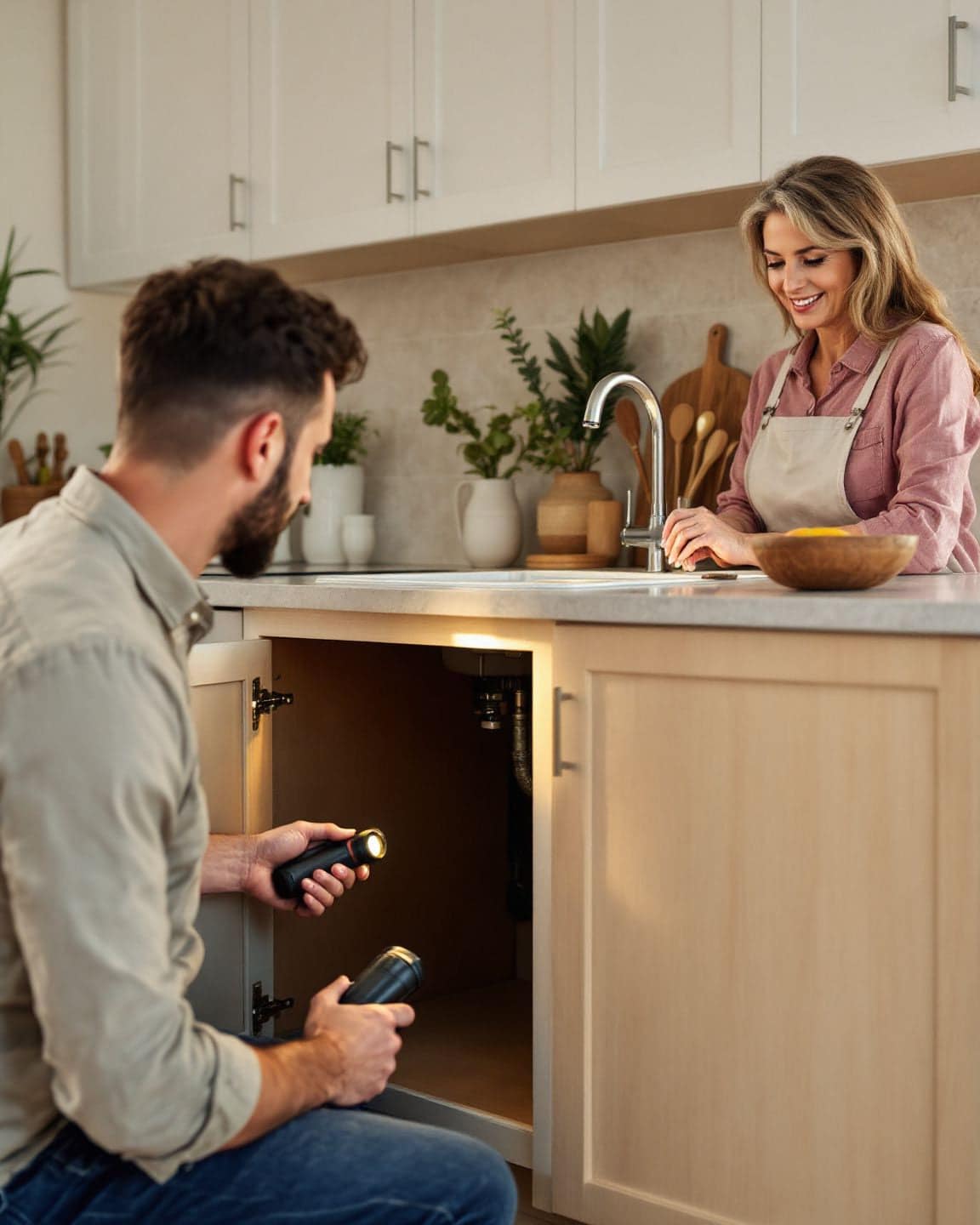 A home inspector checks under a kitchen sink with a flashlight while the homeowner looks on.