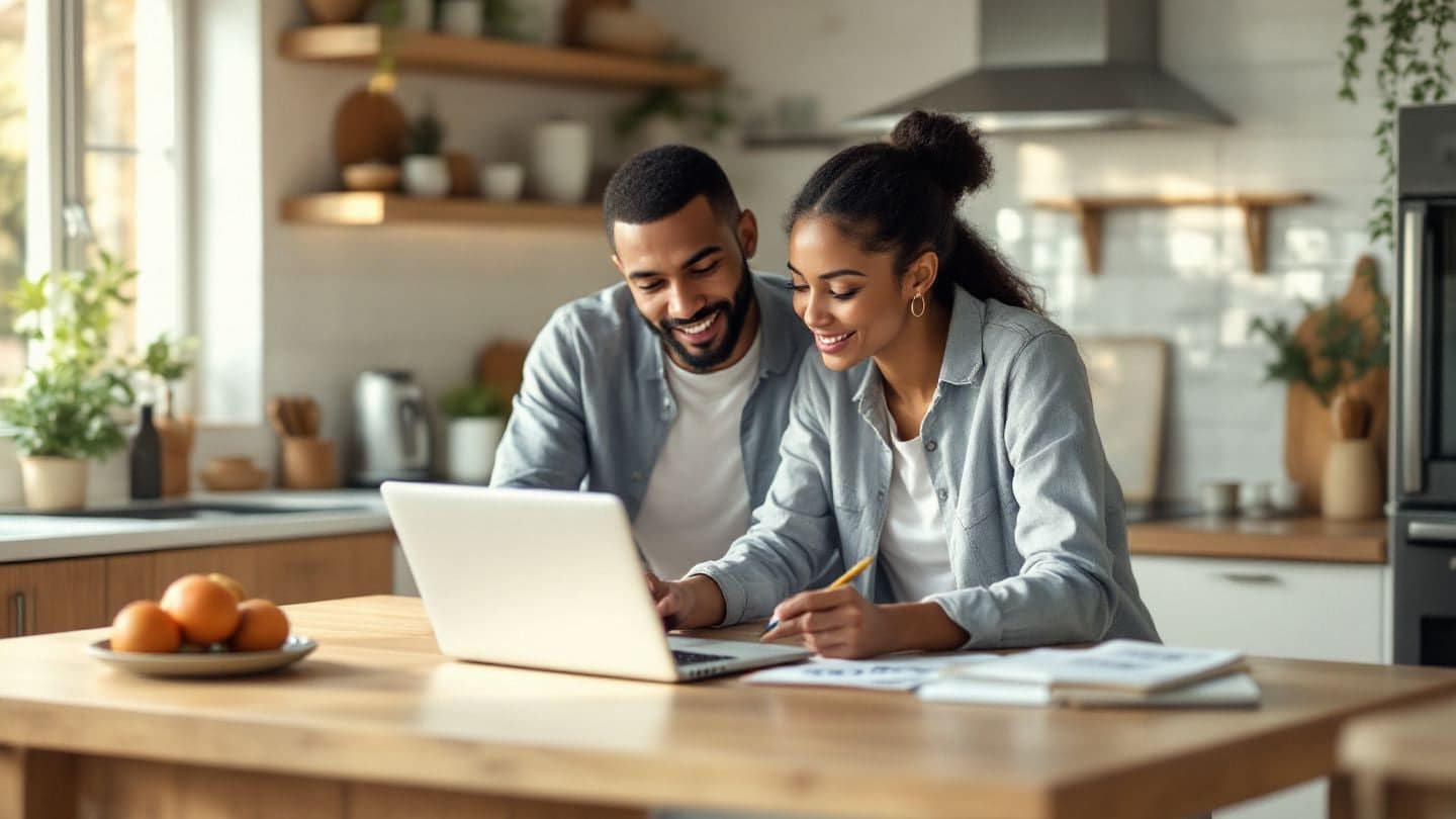 A couple looks at a laptop together at a kitchen island.
