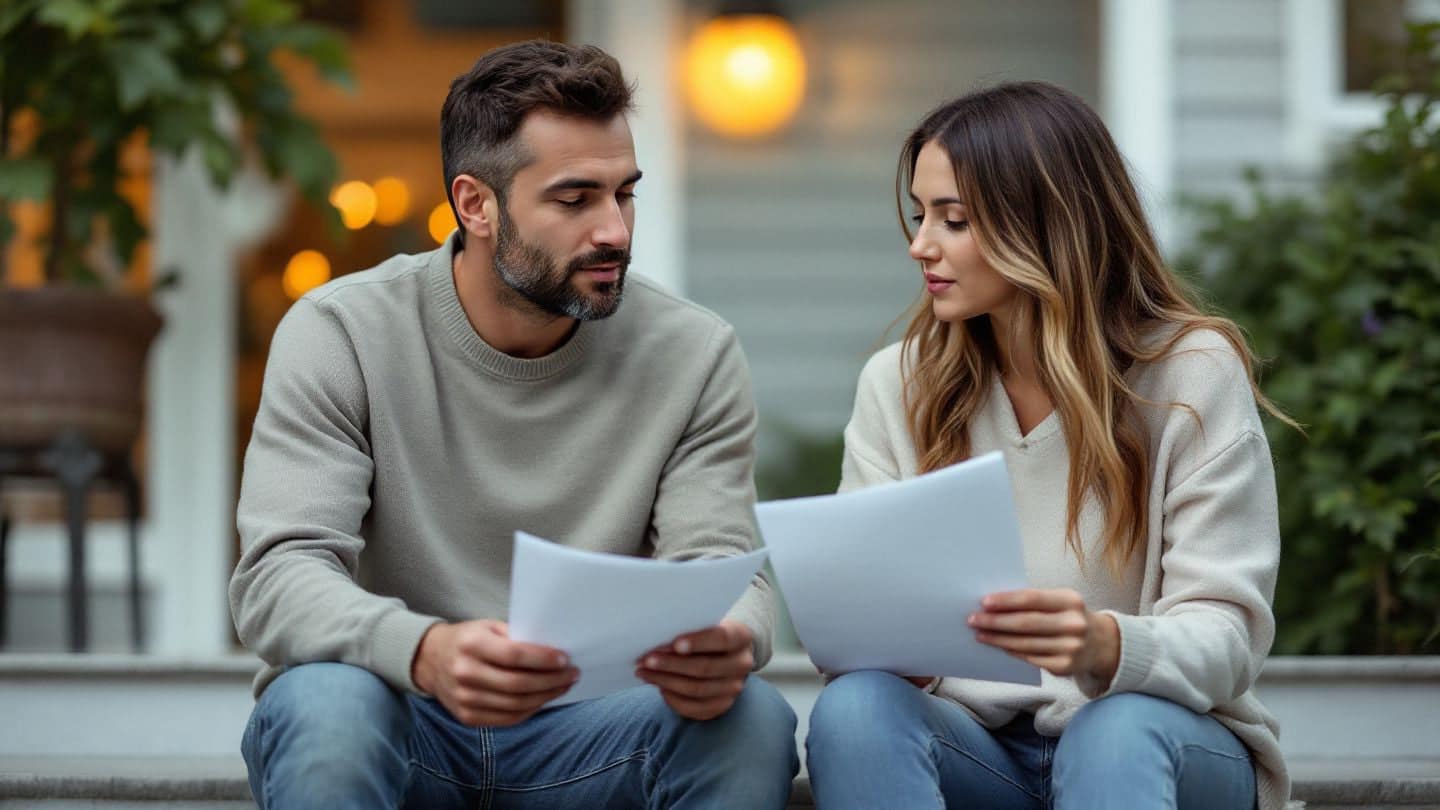 A couple reviews papers on the front steps of their house.